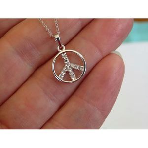 Real Gold Peace Sign Genuine Diamond Pendant Chain